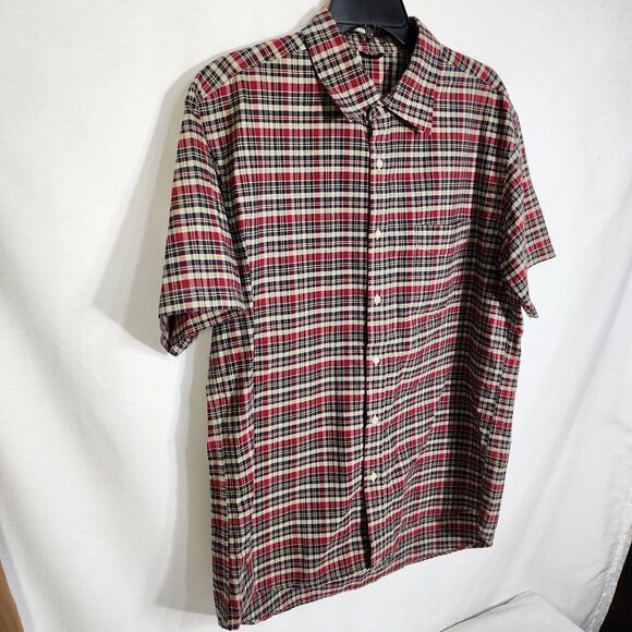 Mens Shirt Size XL Button Front Plaid Tan Red Blue Short Sleeve Collared Pocket - Picture 4 of 10